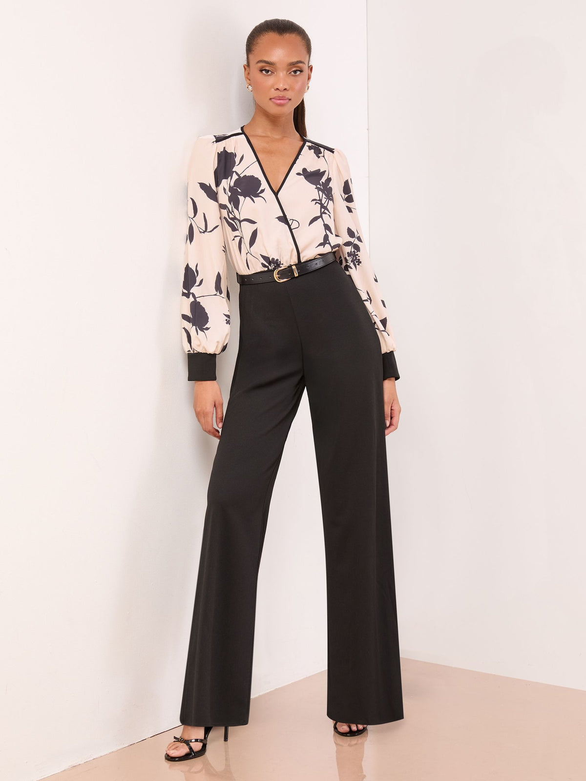 Lipsy Monochrome Floral 2 in 1 Long Sleeve V-Neck Belted Jumpsuit