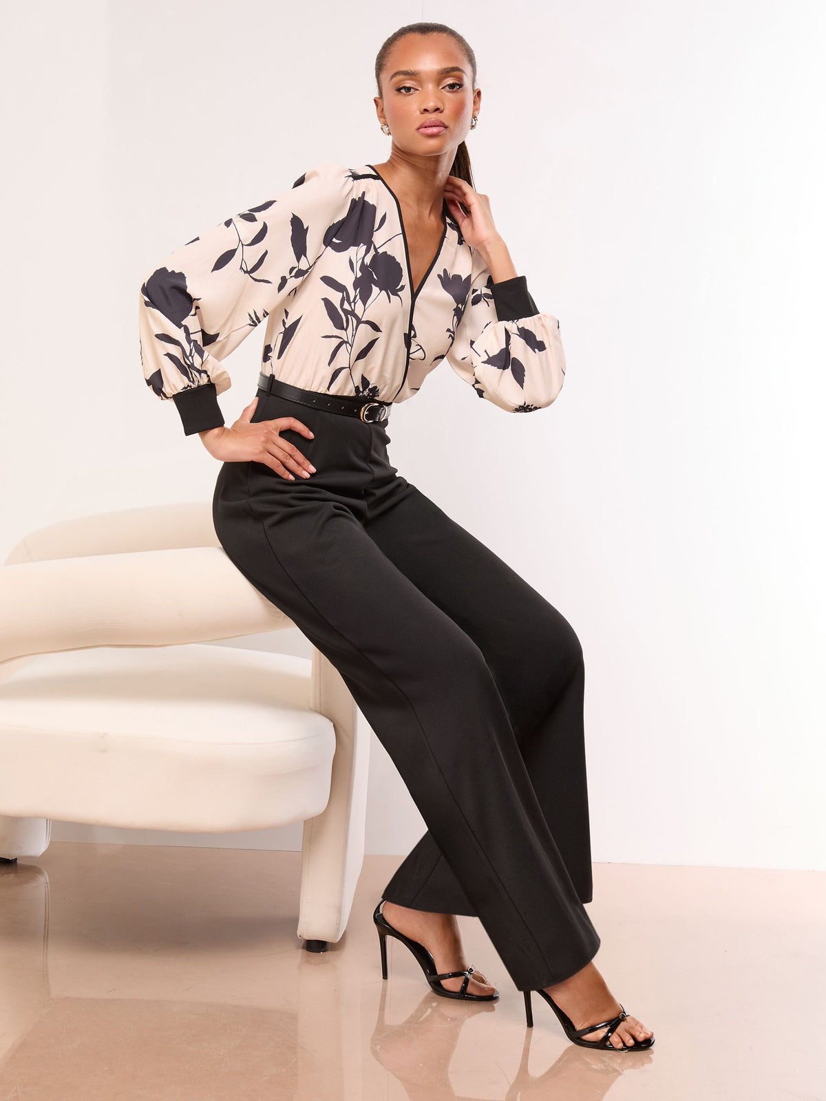 Lipsy Monochrome Floral 2 in 1 Long Sleeve V-Neck Belted Jumpsuit