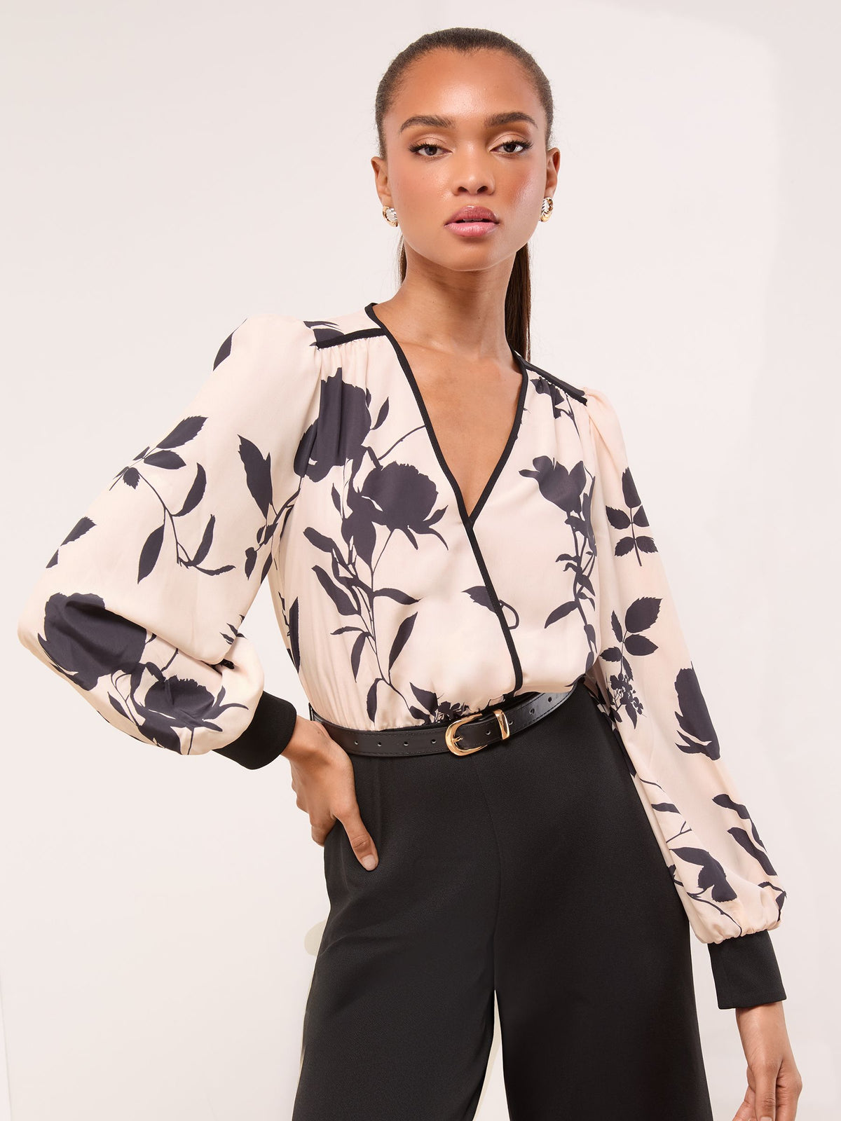 Lipsy Monochrome Floral 2 in 1 Long Sleeve V-Neck Belted Jumpsuit