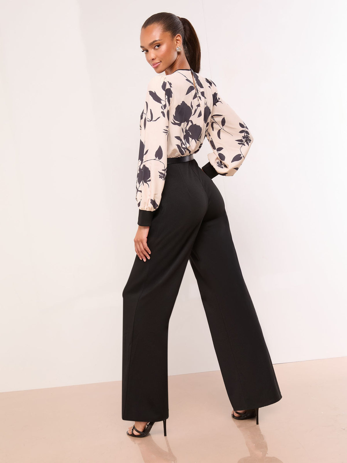 Lipsy Monochrome Floral 2 in 1 Long Sleeve V-Neck Belted Jumpsuit