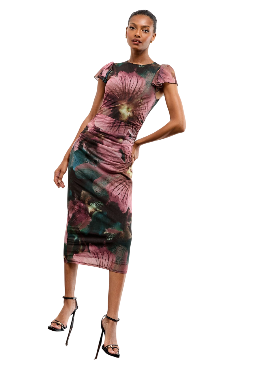 Lipsy London Lipsy Mesh Ruched Detail Flutter Sleeve Midi Dress