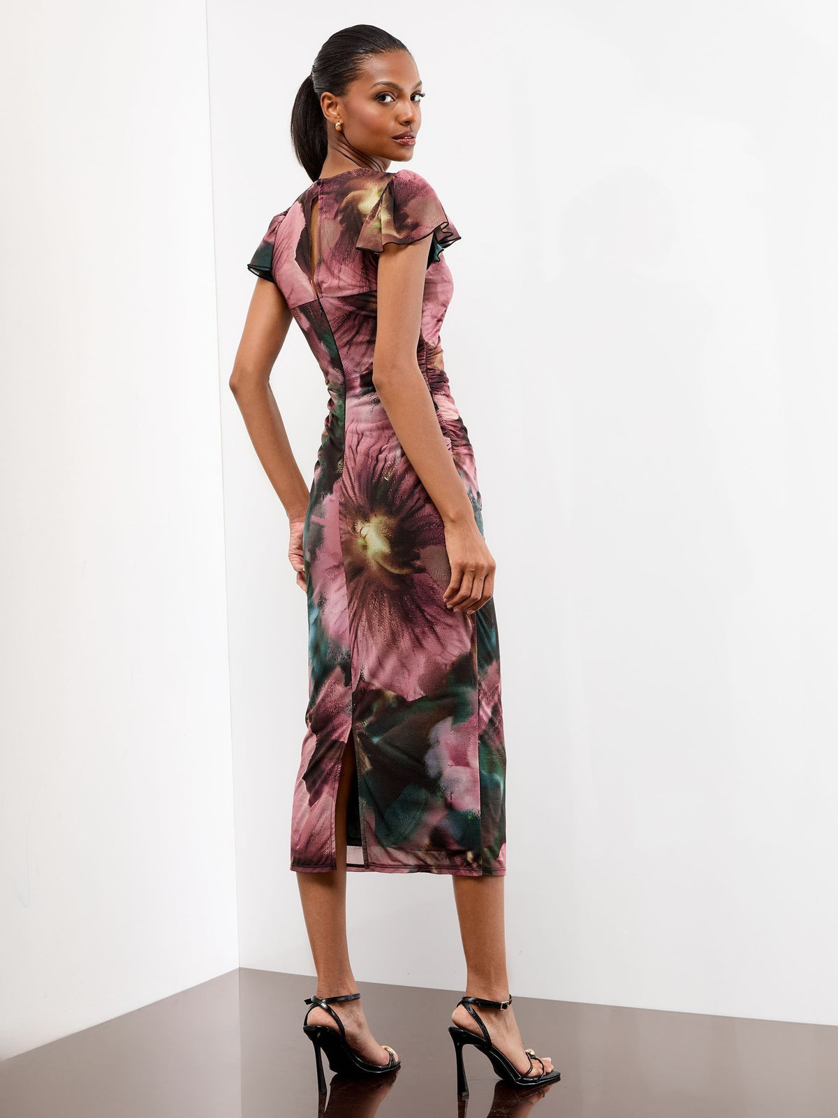 Lipsy London Lipsy Mesh Ruched Detail Flutter Sleeve Midi Dress