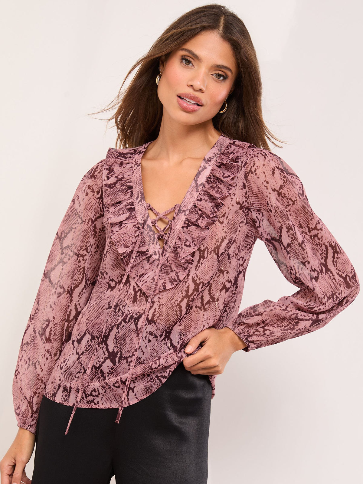 Lipsy London Lipsy Pink Lurex Snake Print Ruffle Blouse