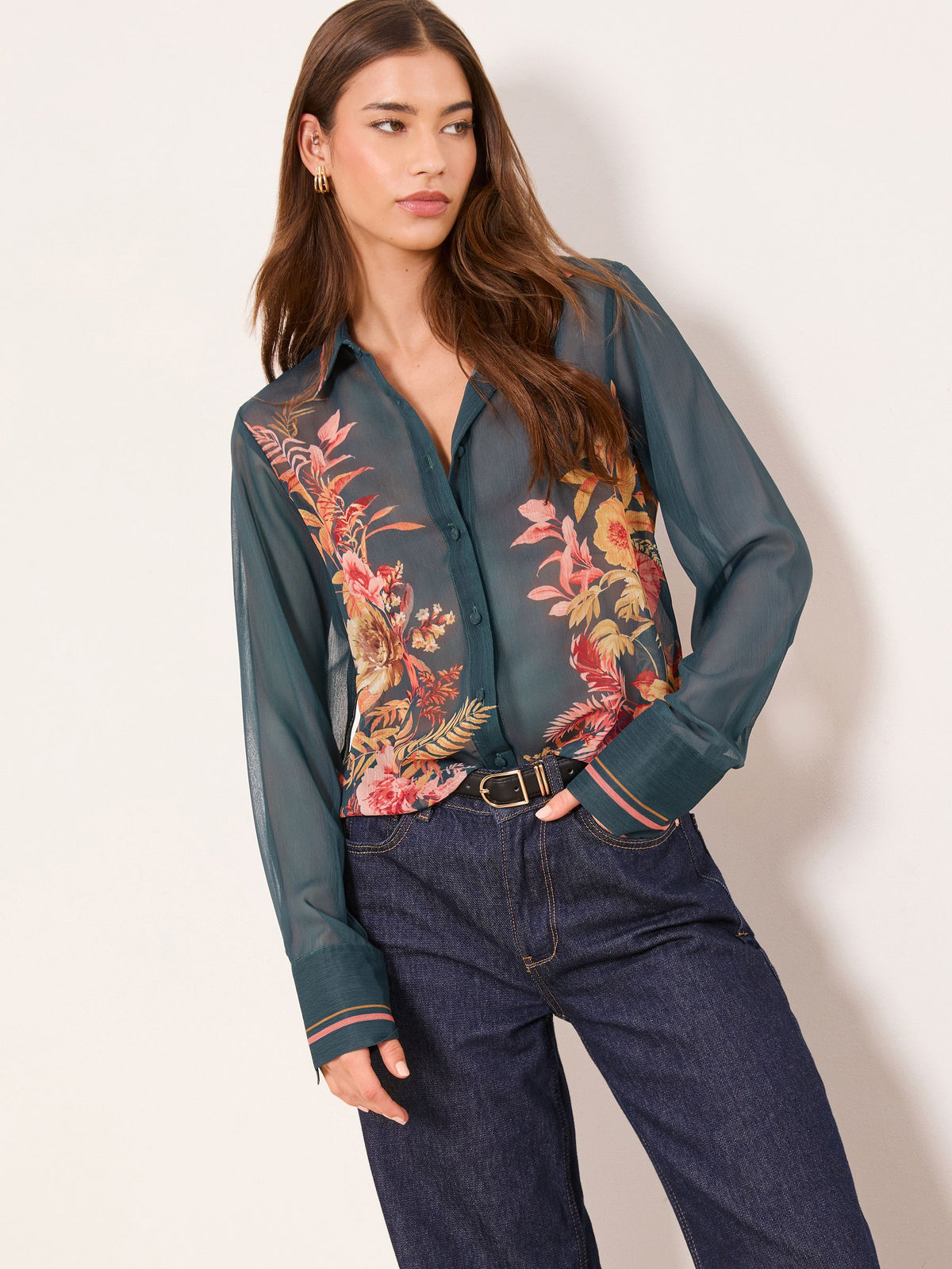 Lipsy London Lipsy Dark Green Floral Chiffon Printed Shirt