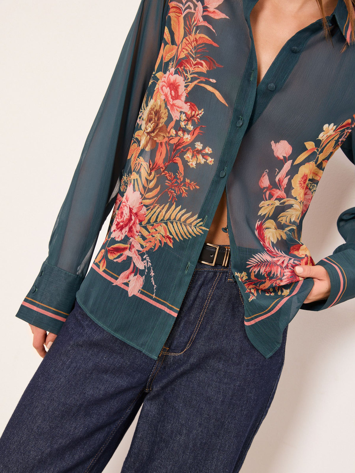 Lipsy London Lipsy Dark Green Floral Chiffon Printed Shirt