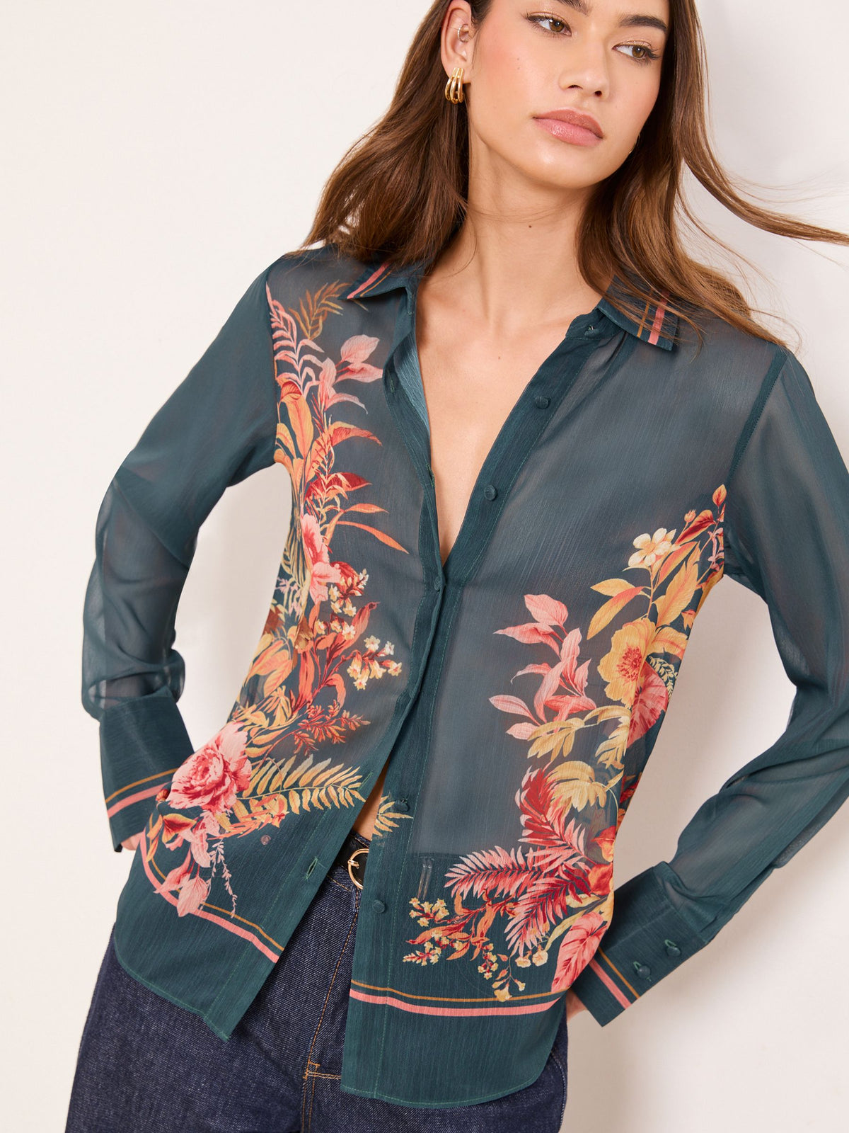 Lipsy London Lipsy Dark Green Floral Chiffon Printed Shirt