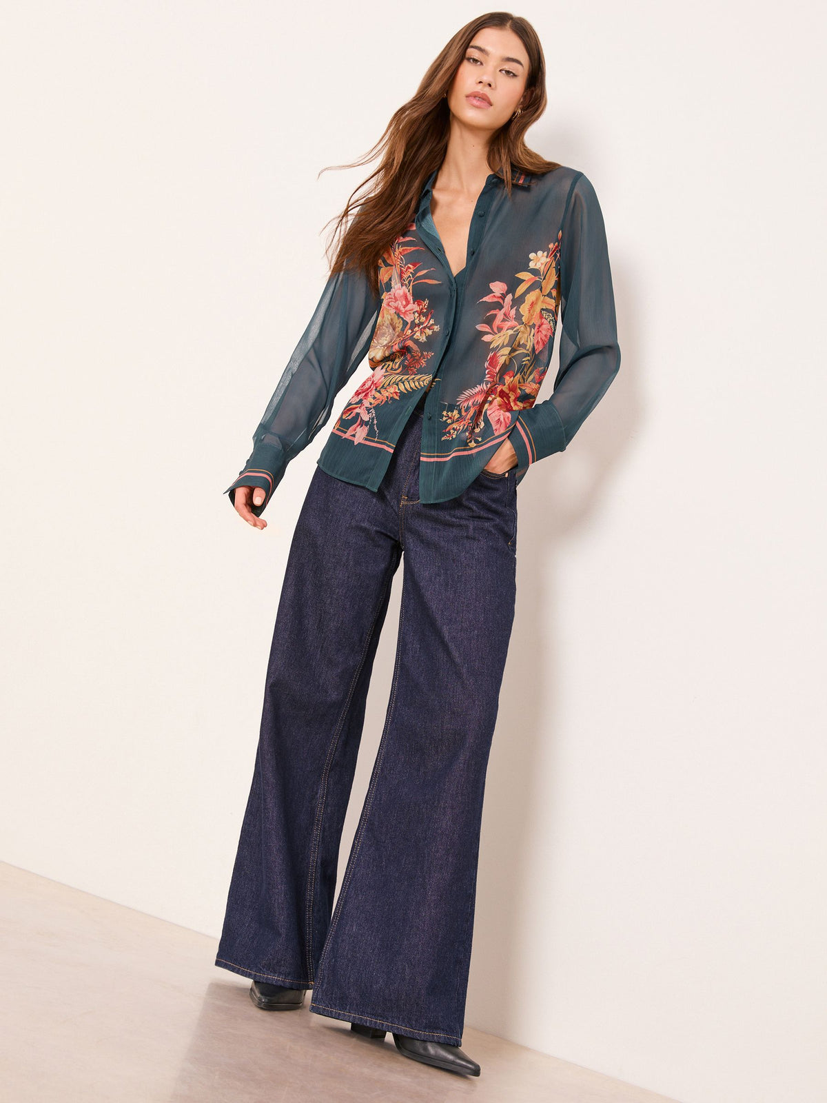 Lipsy London Lipsy Dark Green Floral Chiffon Printed Shirt