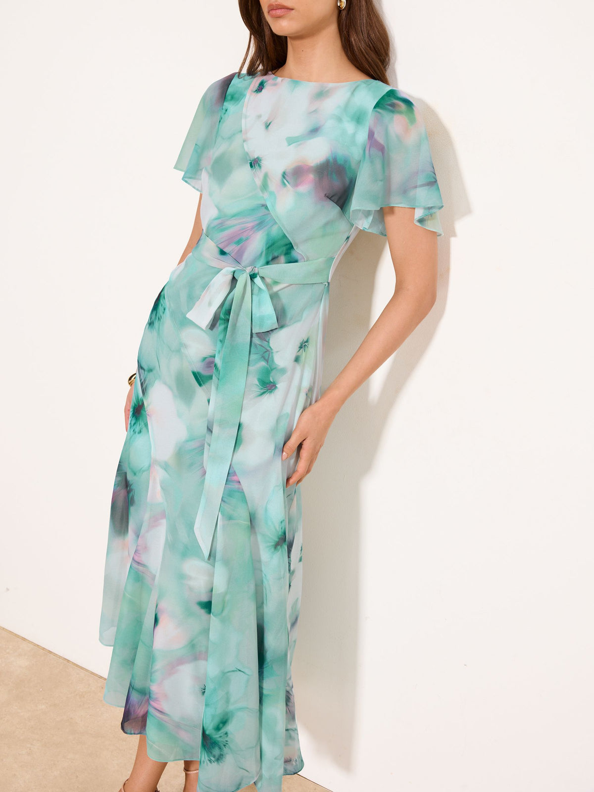 Lipsy London Lipsy Light Blue Printed Tie Waist Short Sleeve Midi Dress