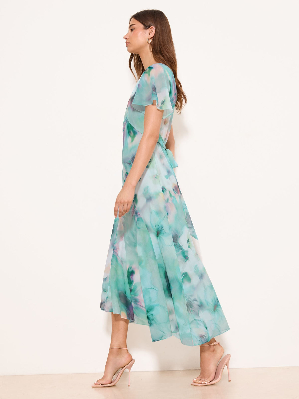 Lipsy London Lipsy Light Blue Printed Tie Waist Short Sleeve Midi Dress
