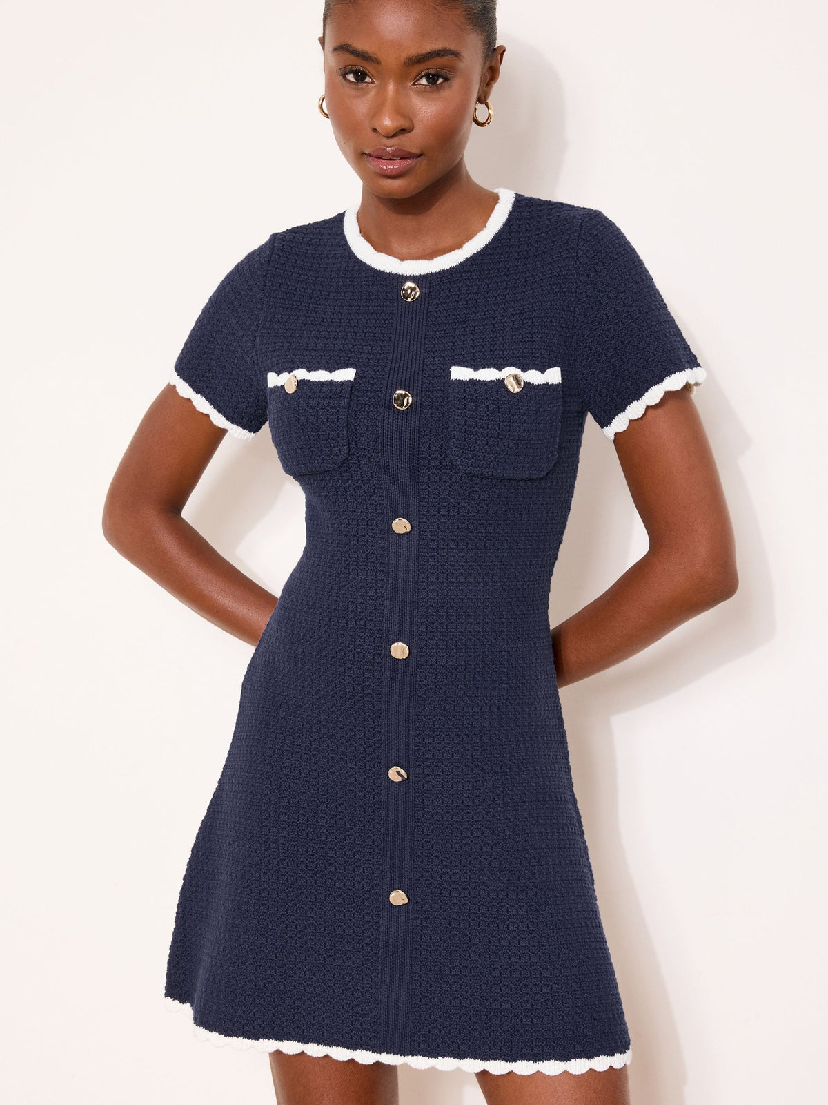 Lipsy London Lipsy Navy Blue Tipped Textured Knitted Short Sleeve Mini Dress