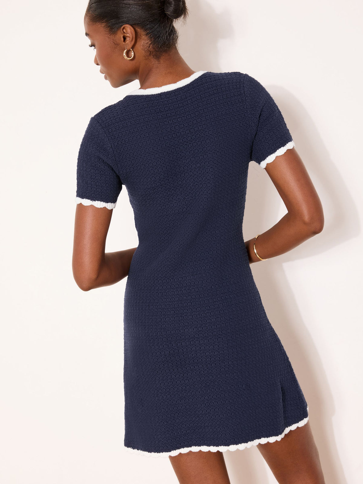 Lipsy London Lipsy Navy Blue Tipped Textured Knitted Short Sleeve Mini Dress
