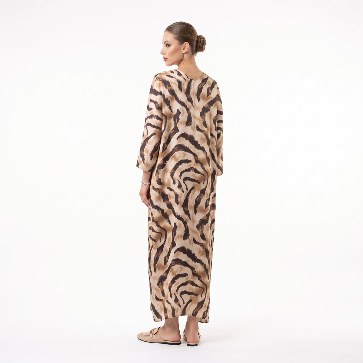 Elegant Animal Print Satin Kaftan Maxi Dress With Front Ring Detail - Brown