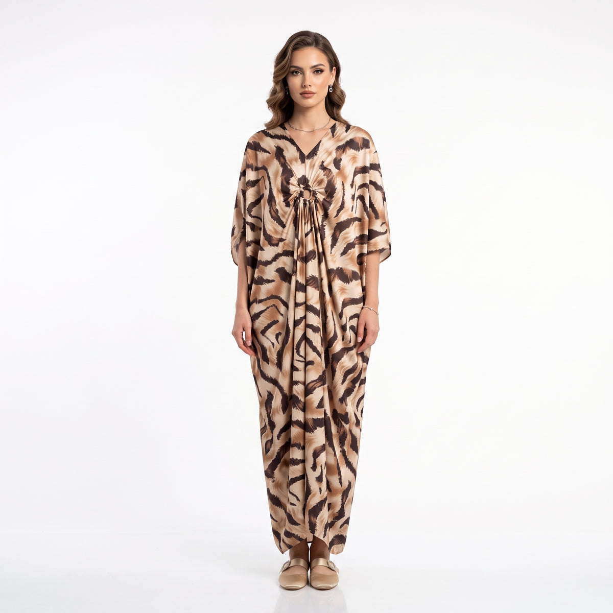 Elegant Animal Print Satin Kaftan Maxi Dress With Front Ring Detail - Brown