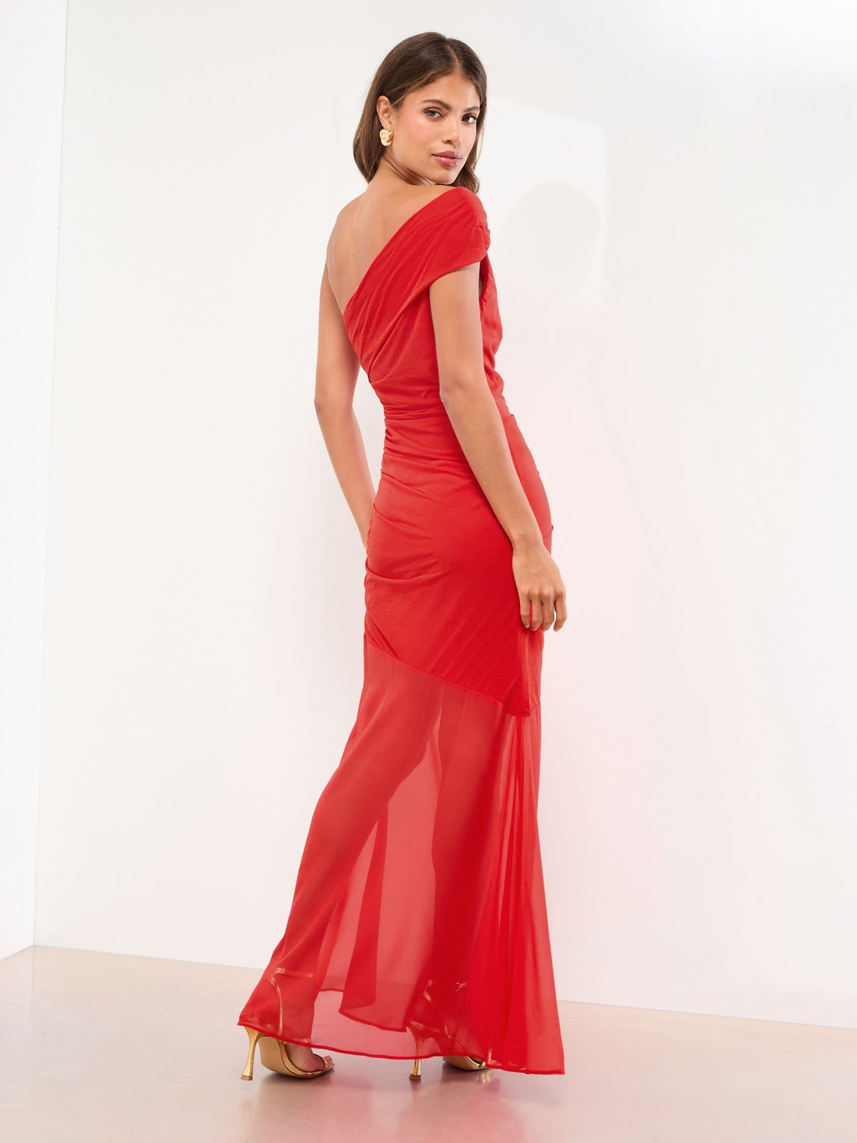 Lipsy London Lipsy Red Slinky Trim Slash Neck Mesh Sheer Hem Maxi Dress
