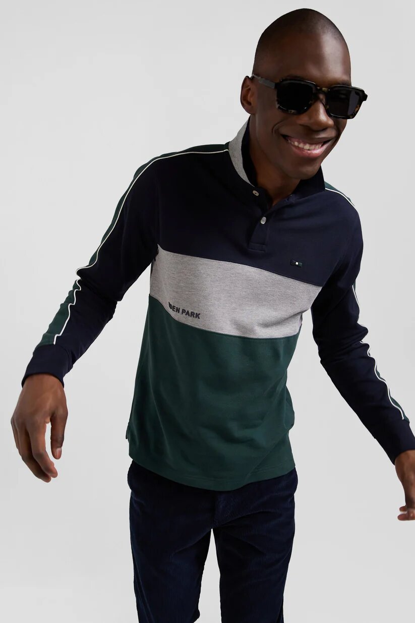 Eden Park regular fit Long-sleeved polo shirt in heather cotton pique