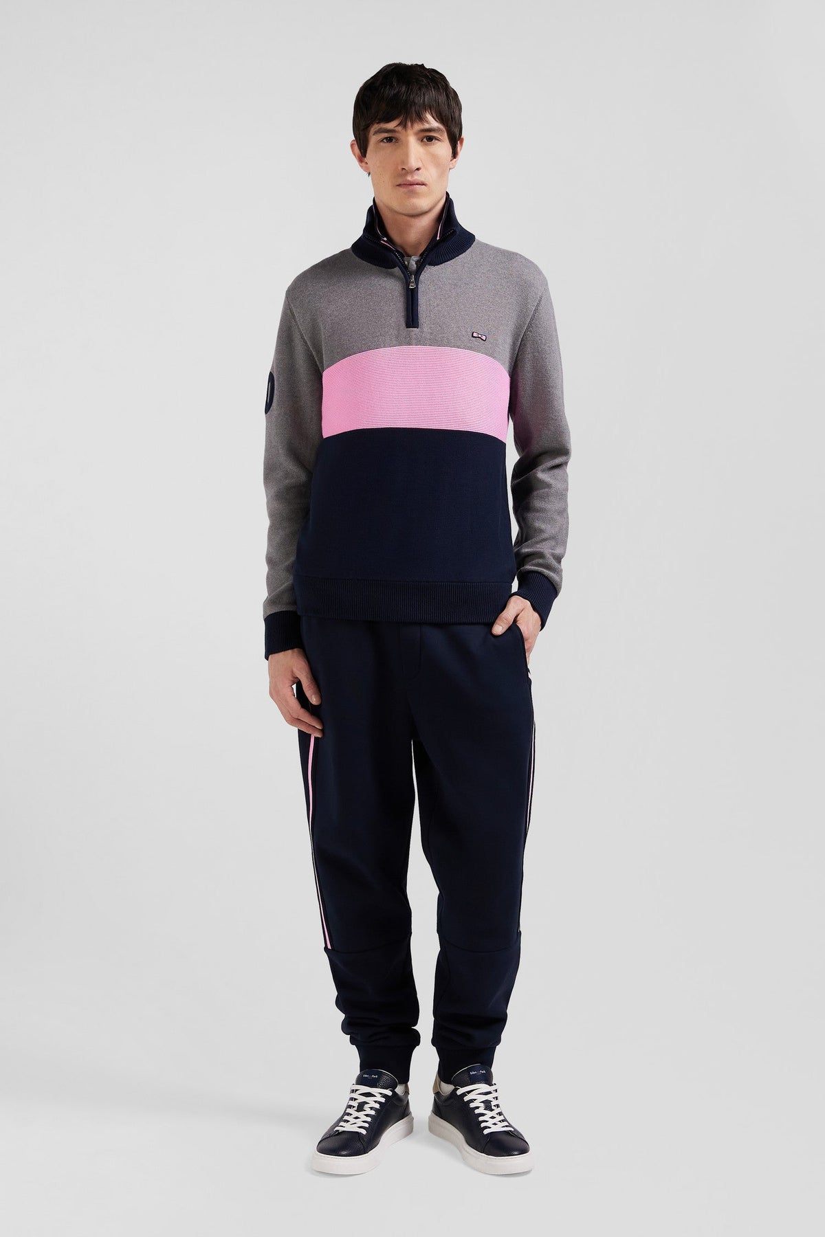 Eden Park Regular Fit Embroidered Gray Cotton Colorblock Zip-Up Trucker Neck Sweater
