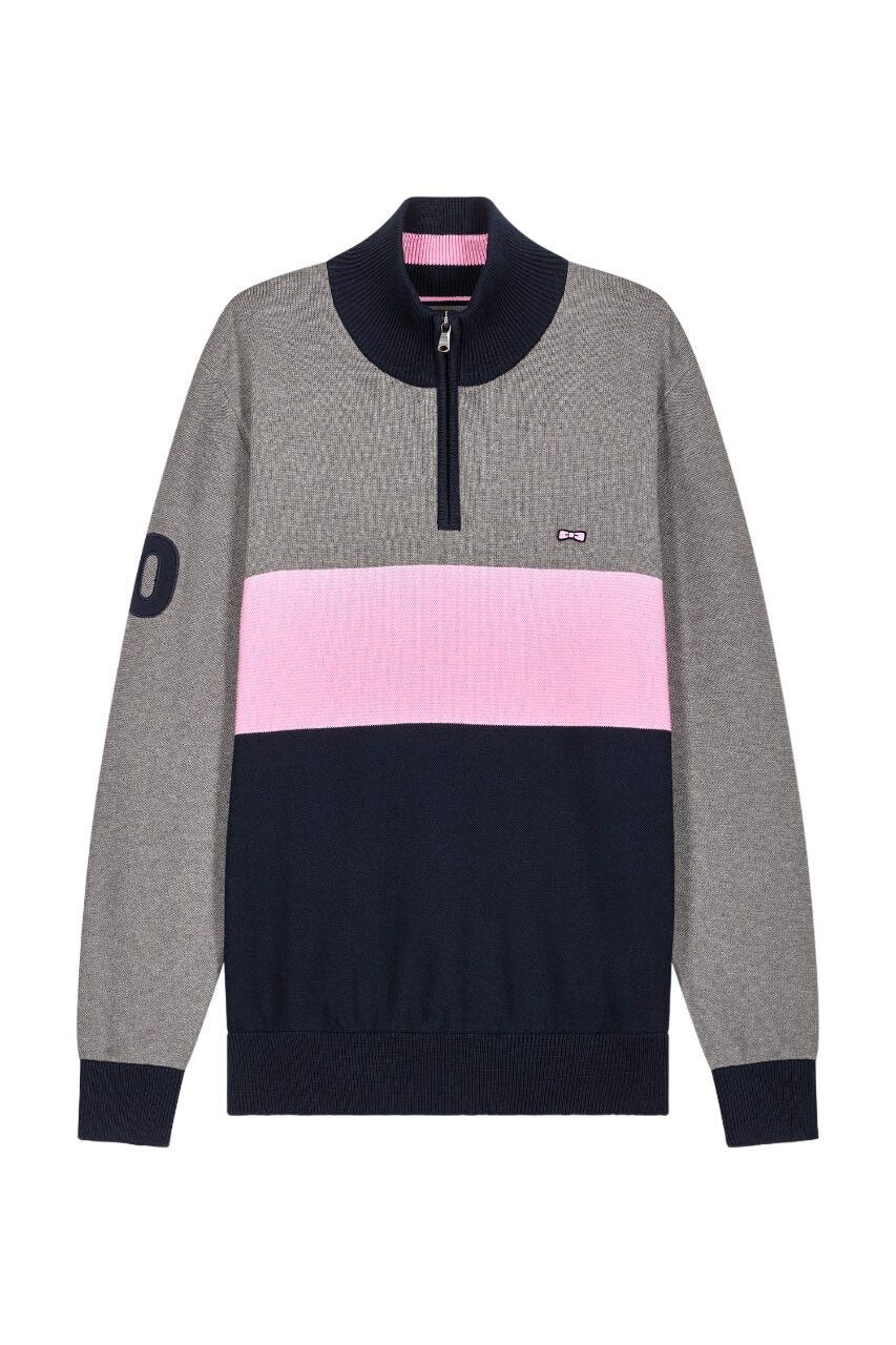 Eden Park Regular Fit Embroidered Gray Cotton Colorblock Zip-Up Trucker Neck Sweater