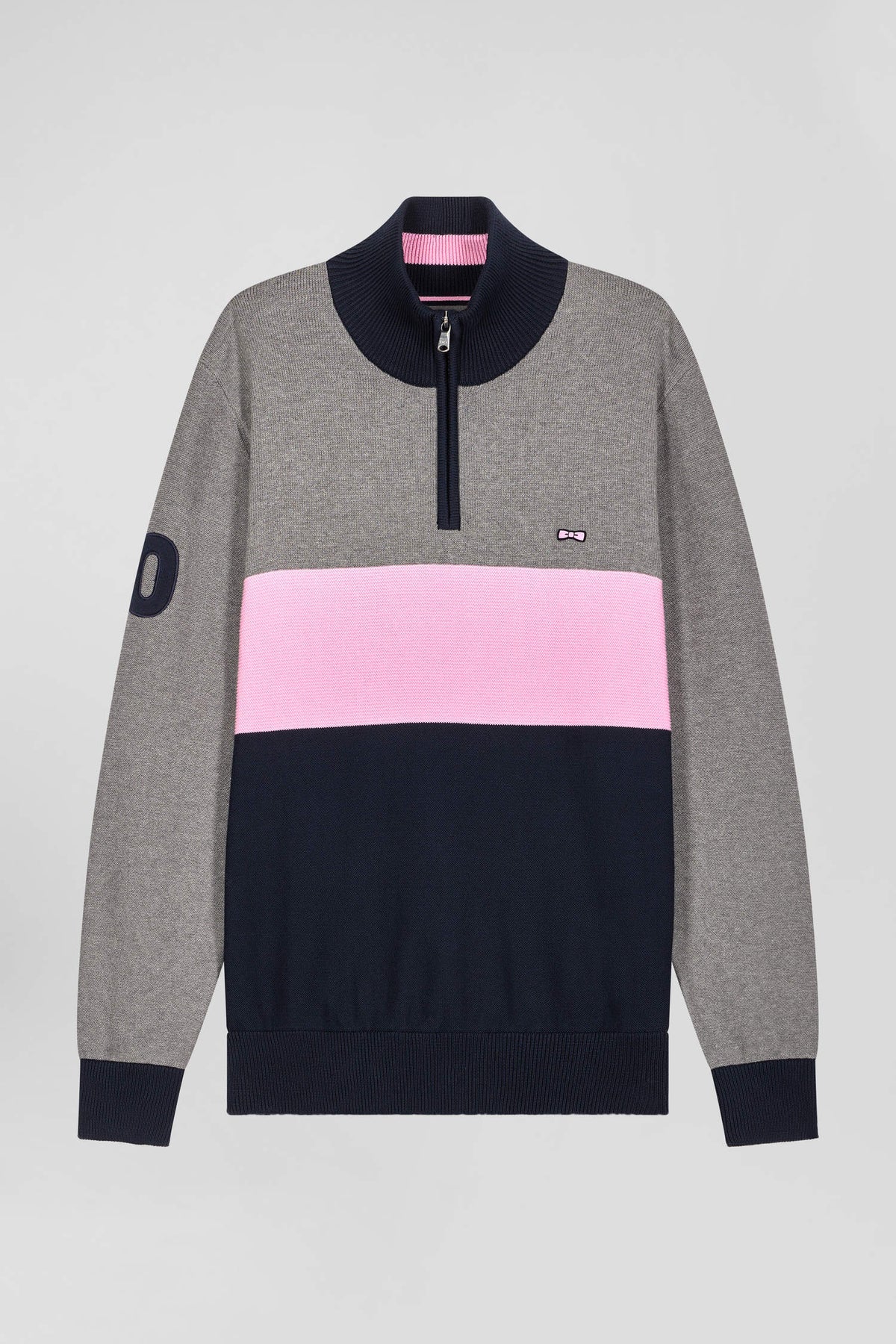 Eden Park Regular Fit Embroidered Gray Cotton Colorblock Zip-Up Trucker Neck Sweater