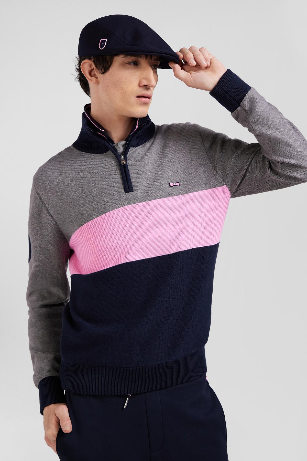 Eden Park Regular Fit Embroidered Gray Cotton Colorblock Zip-Up Trucker Neck Sweater