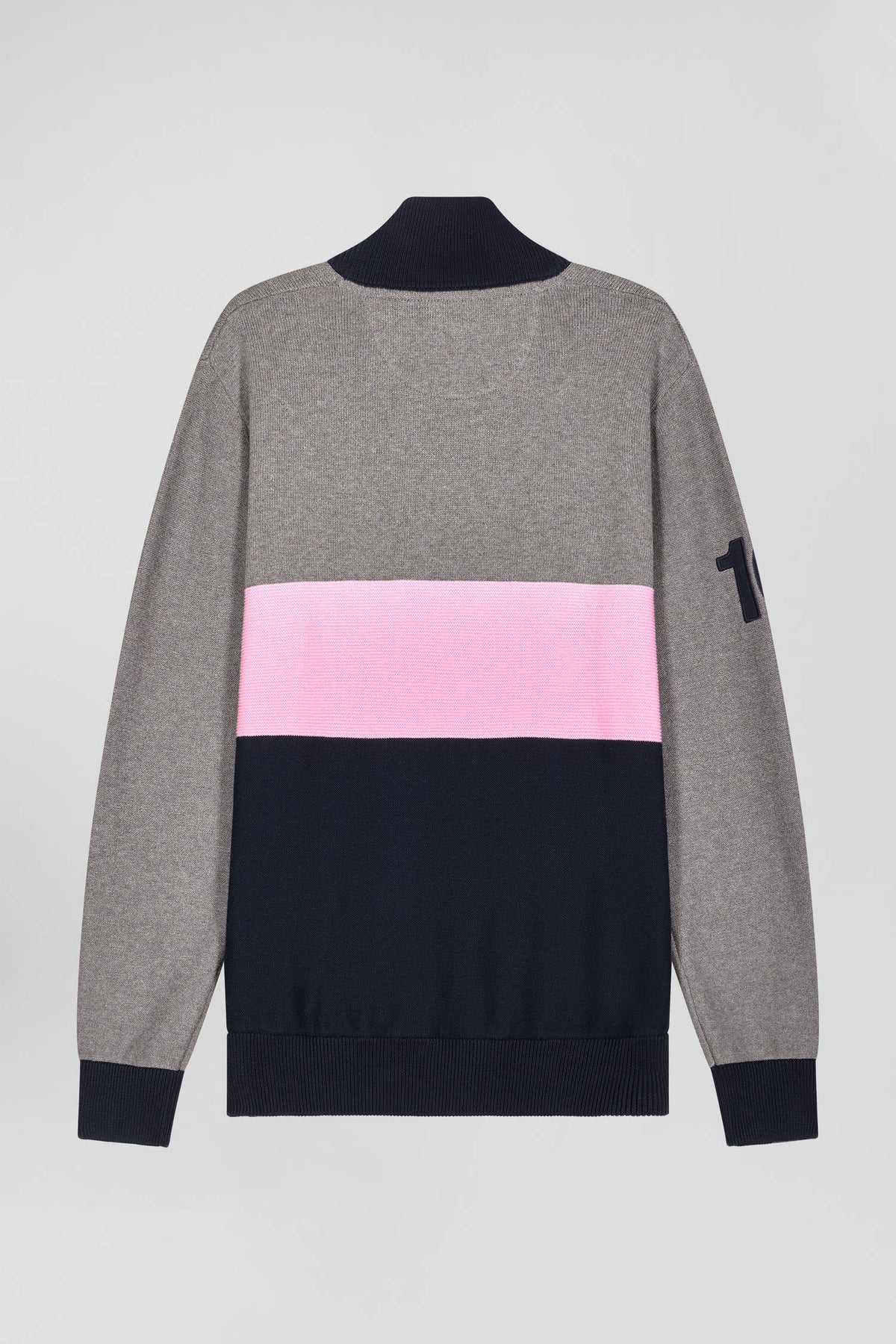 Eden Park Regular Fit Embroidered Gray Cotton Colorblock Zip-Up Trucker Neck Sweater