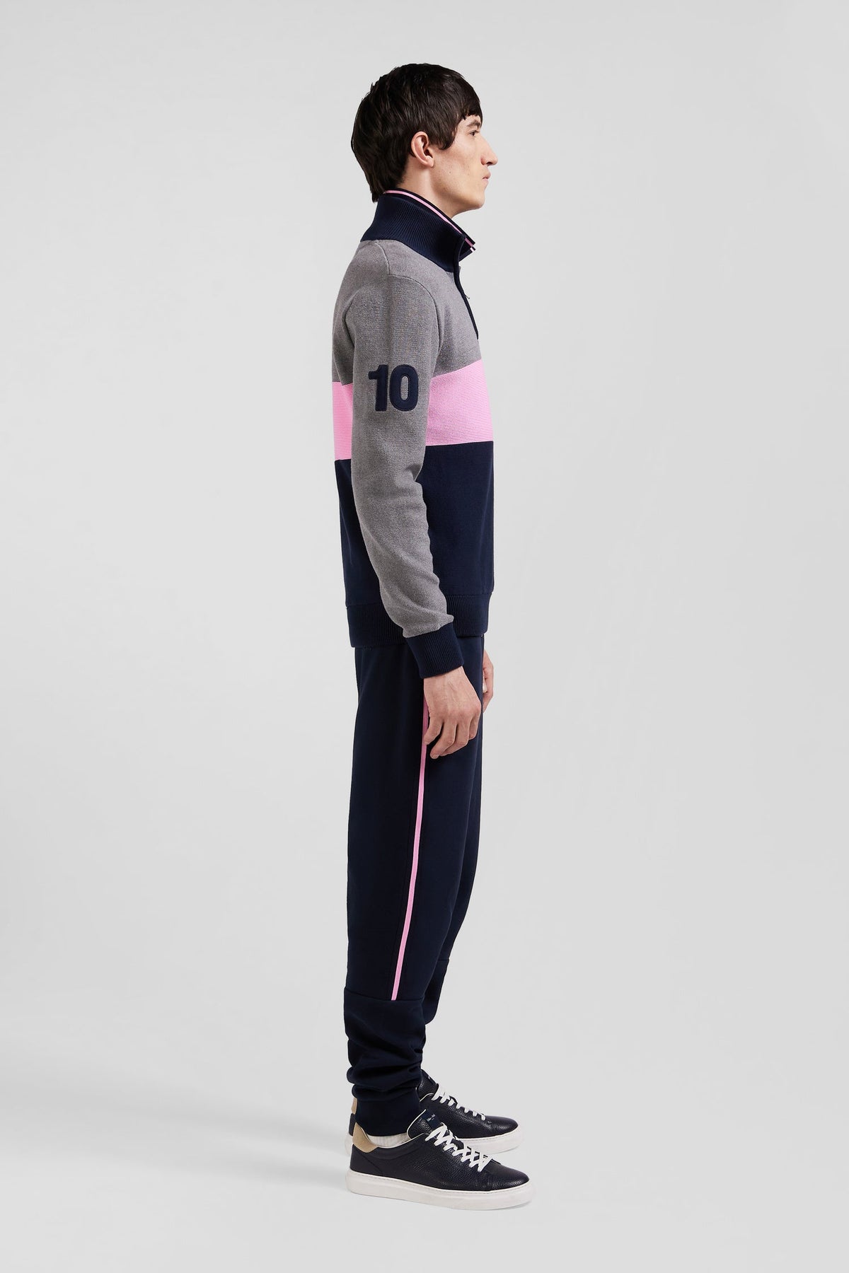 Eden Park Regular Fit Embroidered Gray Cotton Colorblock Zip-Up Trucker Neck Sweater