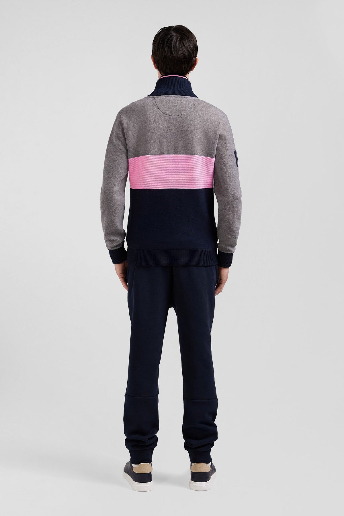 Eden Park Regular Fit Embroidered Gray Cotton Colorblock Zip-Up Trucker Neck Sweater