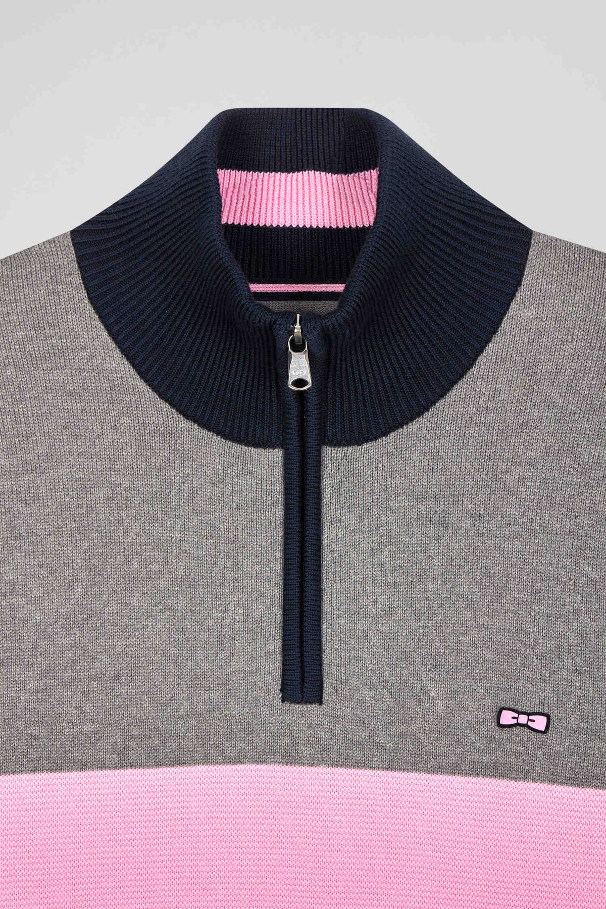 Eden Park Regular Fit Embroidered Gray Cotton Colorblock Zip-Up Trucker Neck Sweater