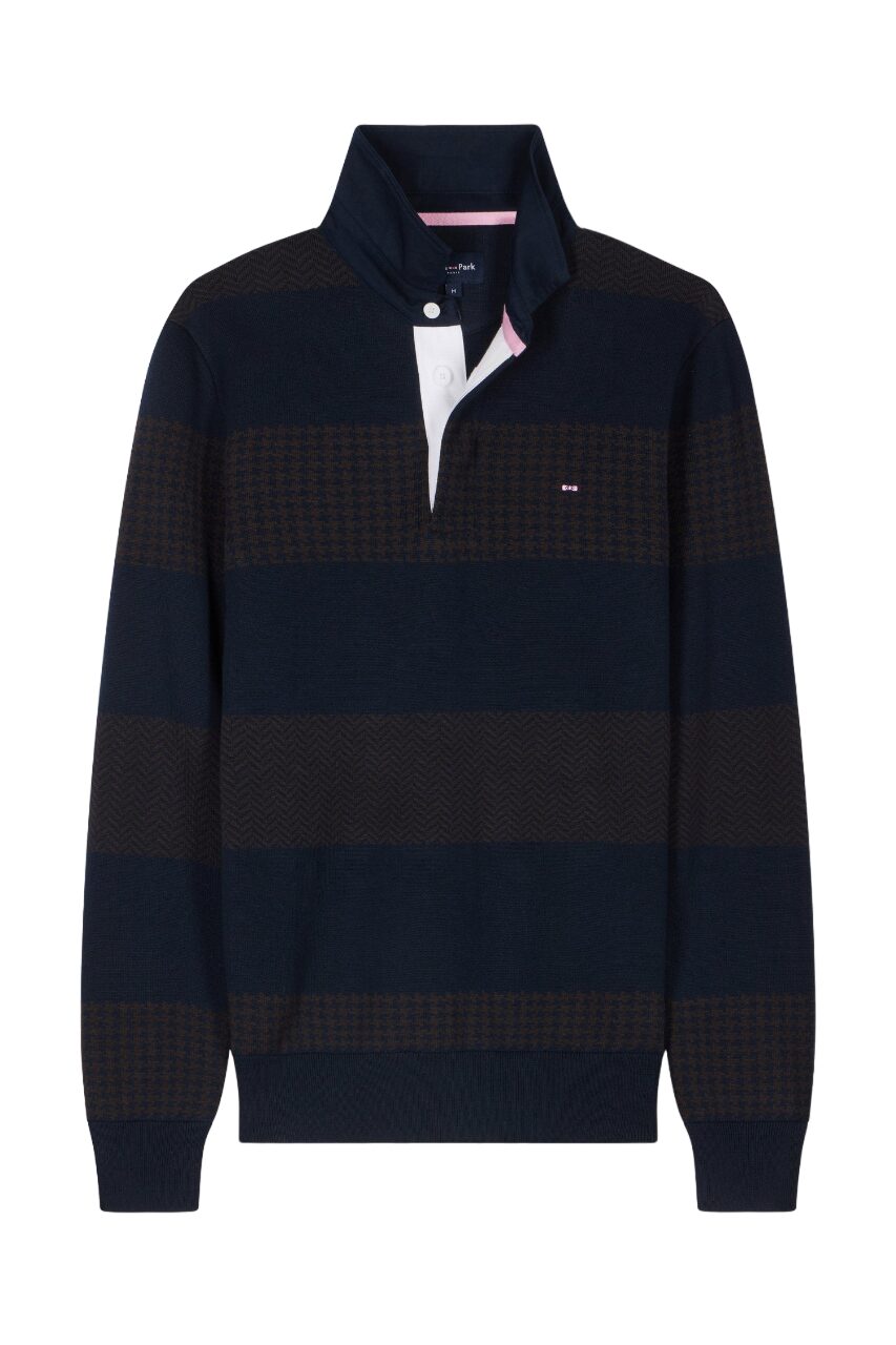 Eden Park Brown Cotton Jersey Collar Sweater With Circles, Regular Fit, Houndstooth Jacquard