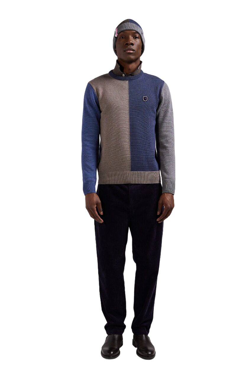 Eden Park Regular Fit Colorblock Crew Neck Sweater In Heather Blue And Brown Cotton