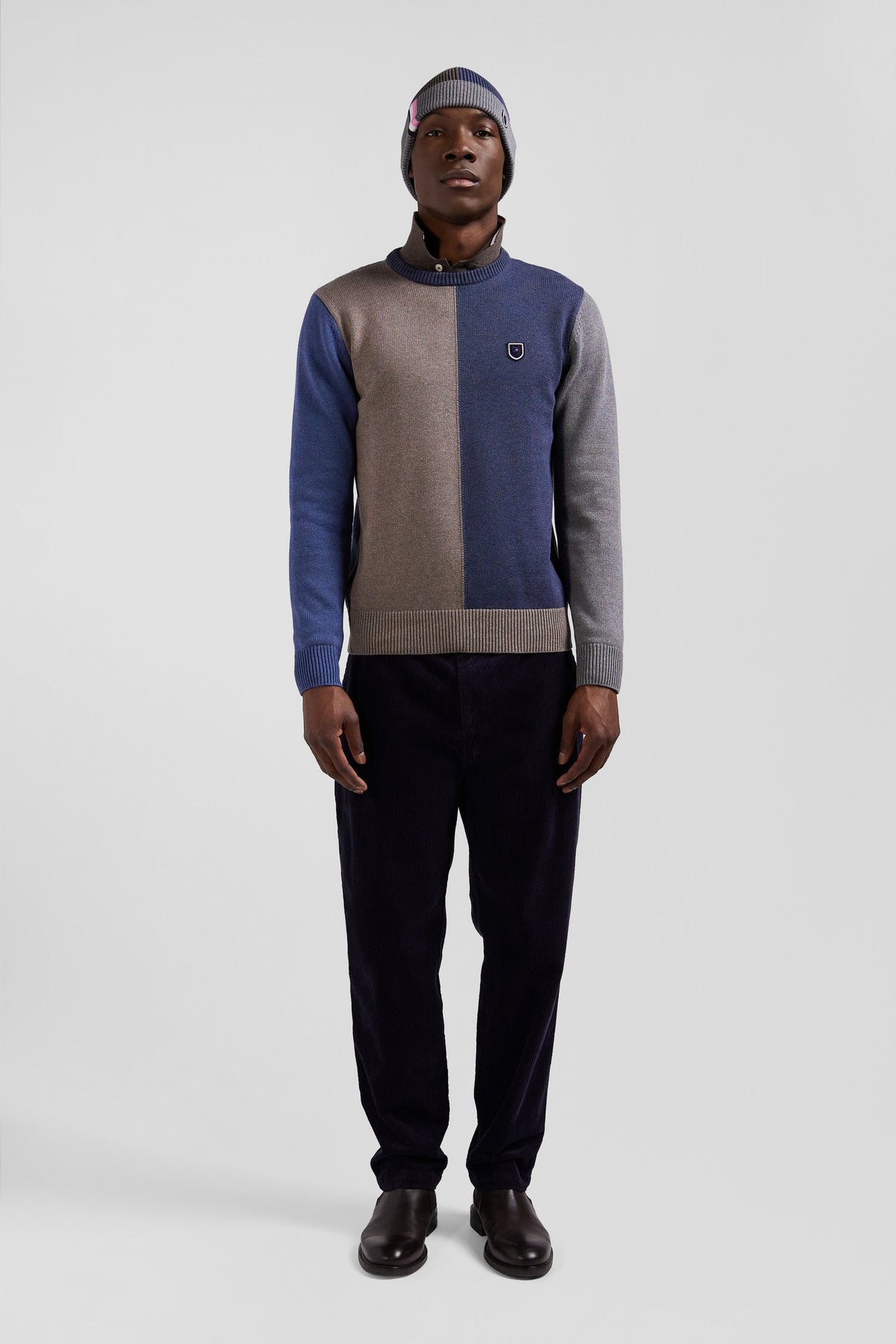 Eden Park Regular Fit Colorblock Crew Neck Sweater In Heather Blue And Brown Cotton