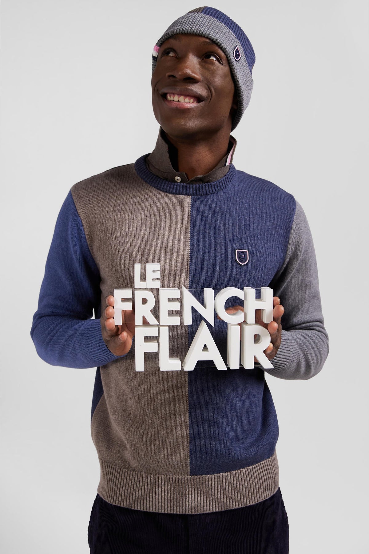 Eden Park Regular Fit Colorblock Crew Neck Sweater In Heather Blue And Brown Cotton