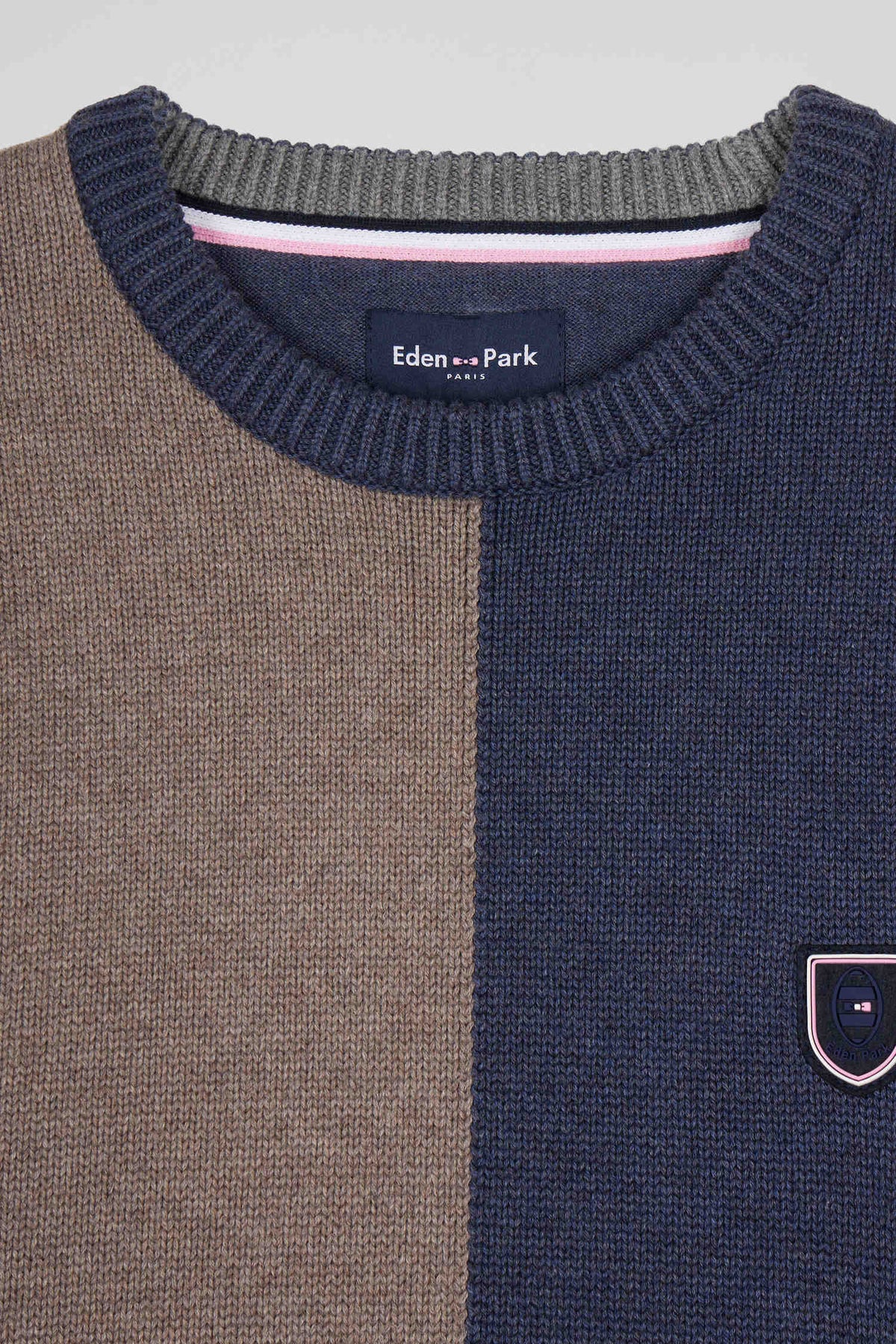 Eden Park Regular Fit Colorblock Crew Neck Sweater In Heather Blue And Brown Cotton