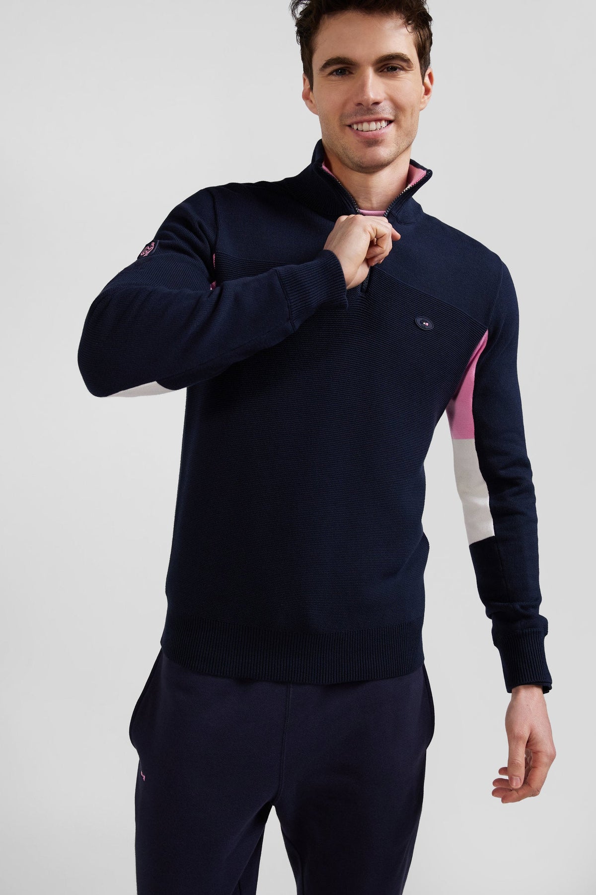 Eden Park Navy Blue Cotton Zipped Sweater Xv De France Regular Fit