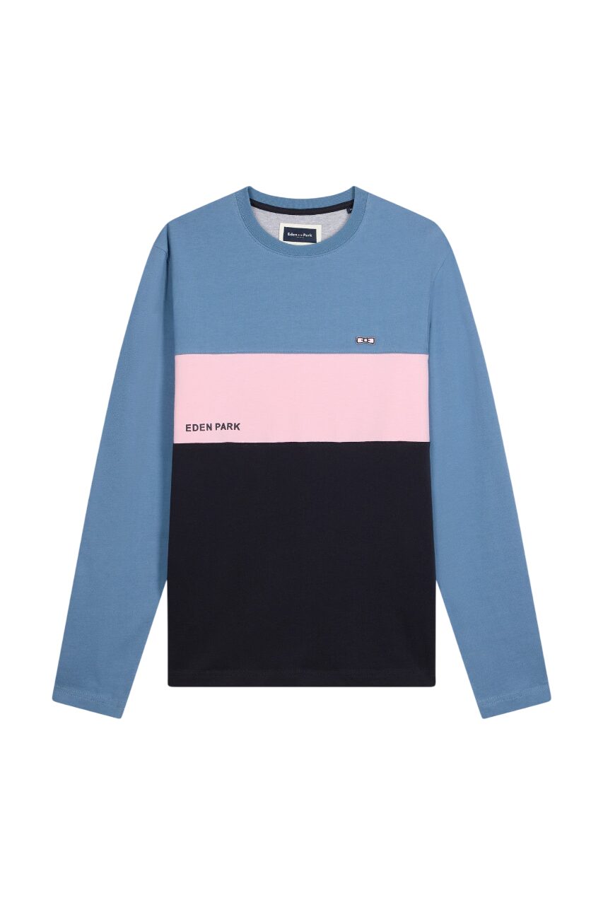 Eden Park Regular Fit Blue Cotton Colorblock Long Sleeve T-Shirt