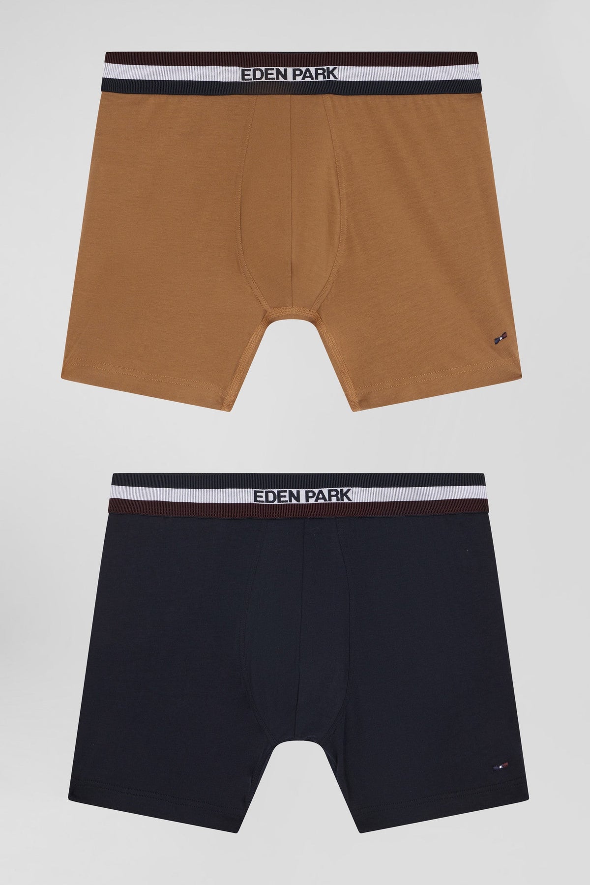 Eden Park Pack Of 2 Boxers In Tricolor Camel Elastic Stretch Cotton