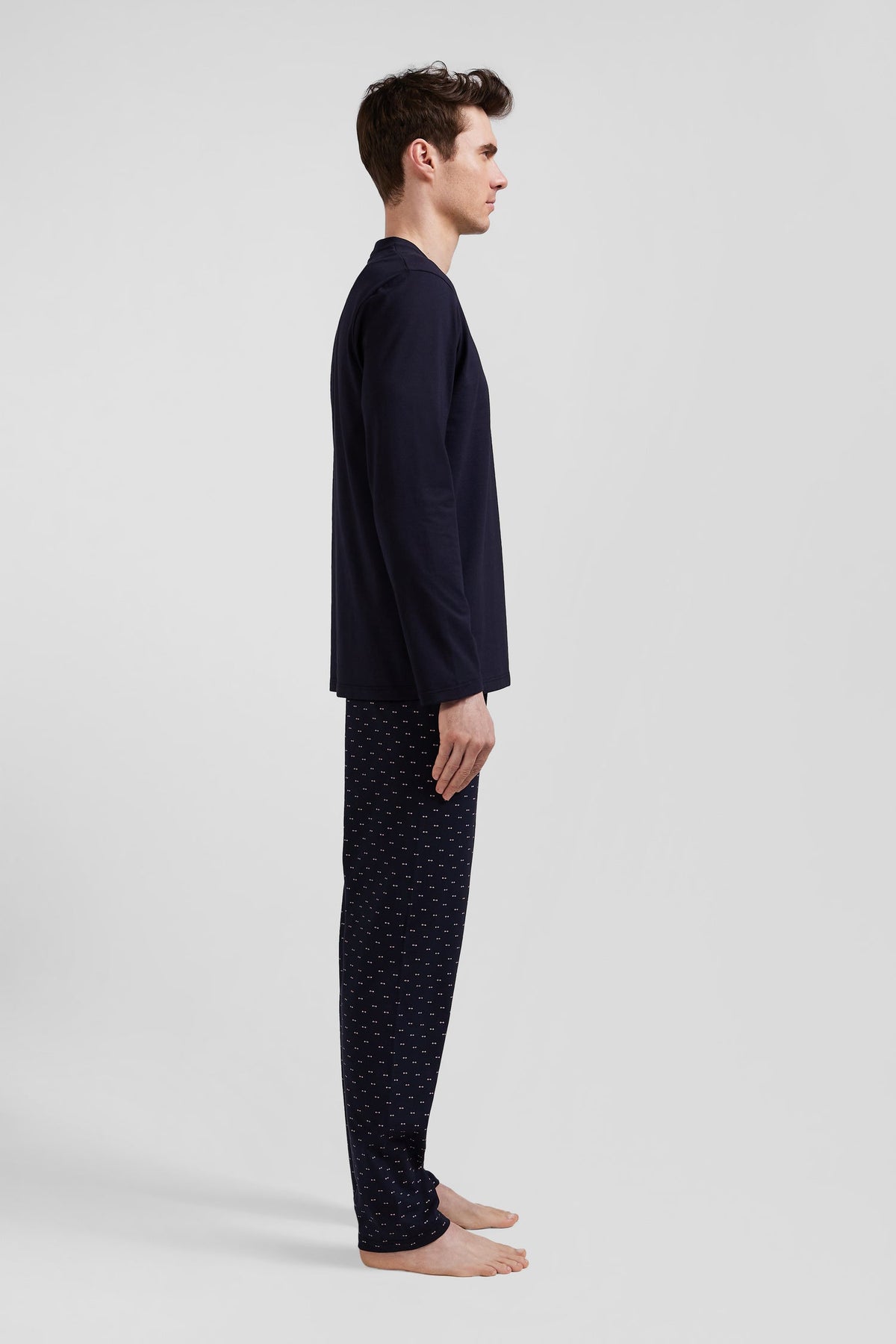 Eden Park Navy Blue Cotton Long Pajamas With Micro-Patterned Pants