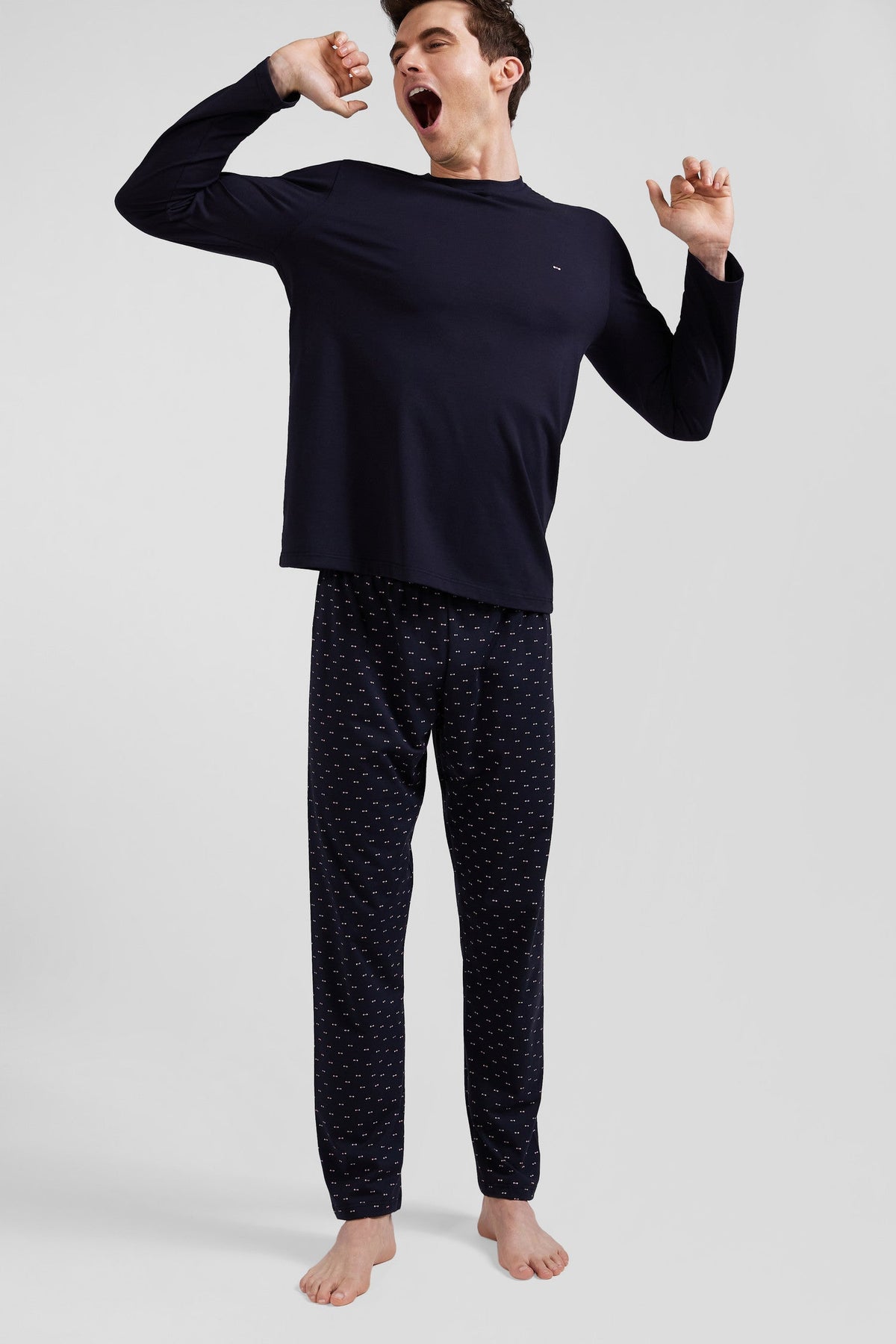 Eden Park Navy Blue Cotton Long Pajamas With Micro-Patterned Pants