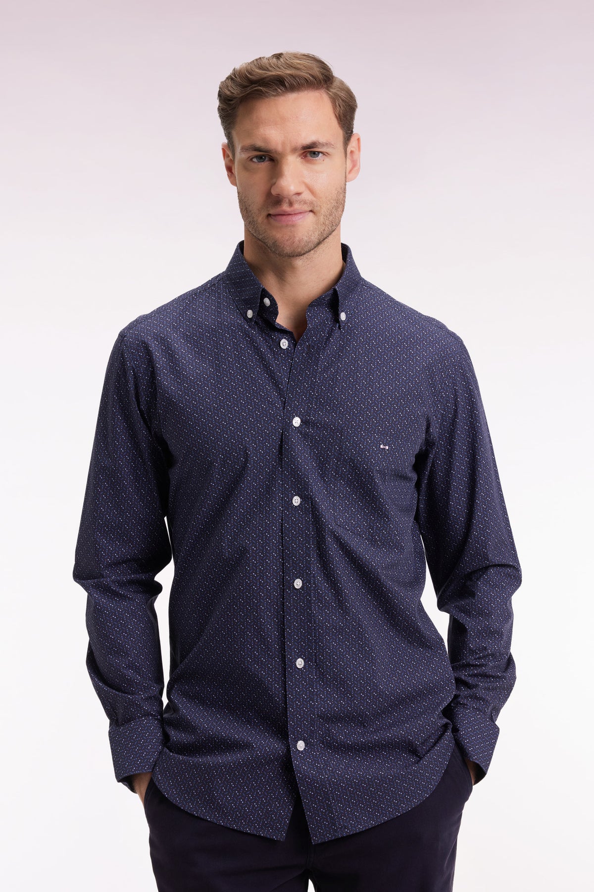Eden Park Navy cotton shirt with micro-patterns, bow ties, straight cut