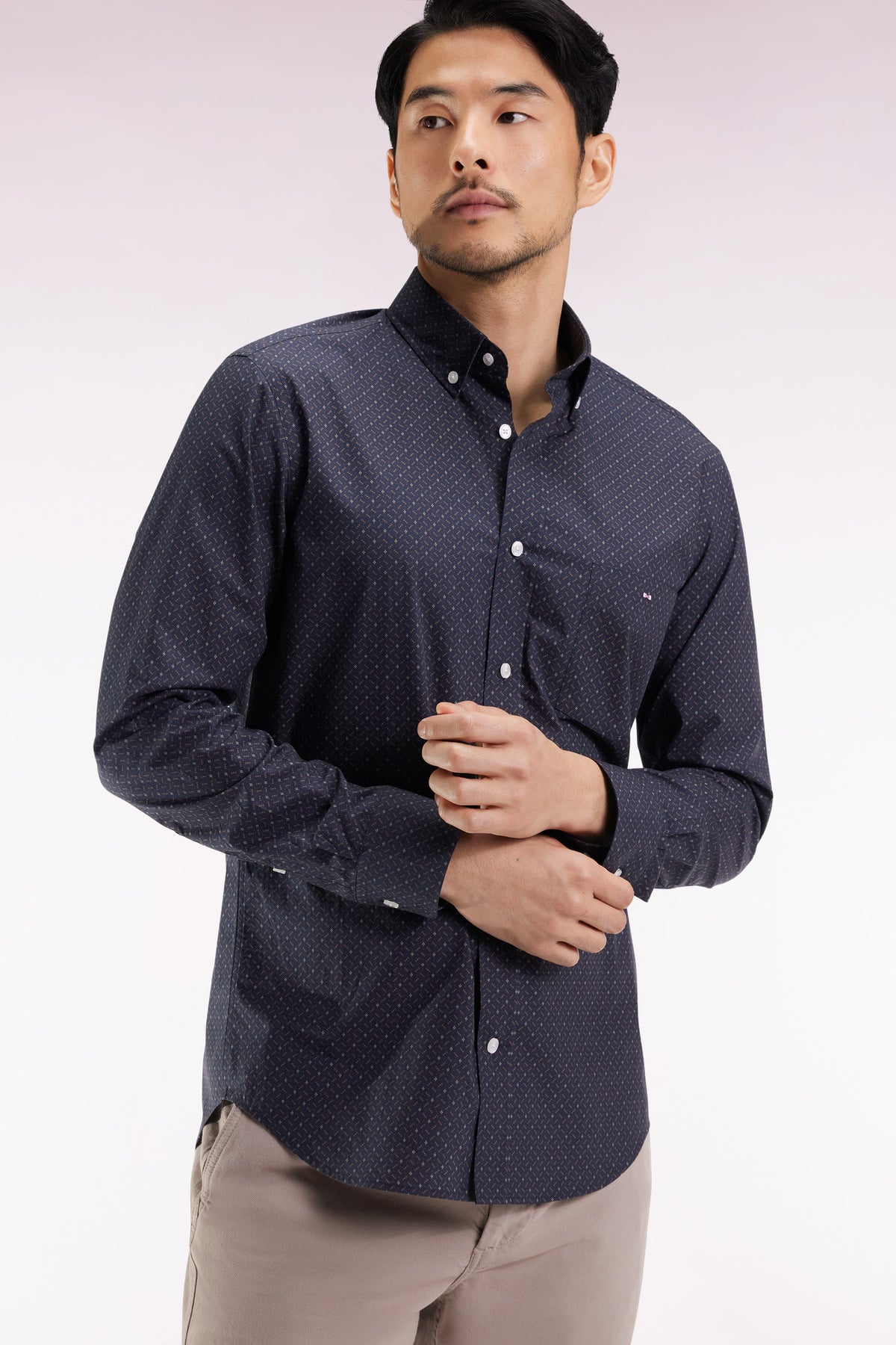 Eden Park Brown cotton shirt with straight cut micro-patterns