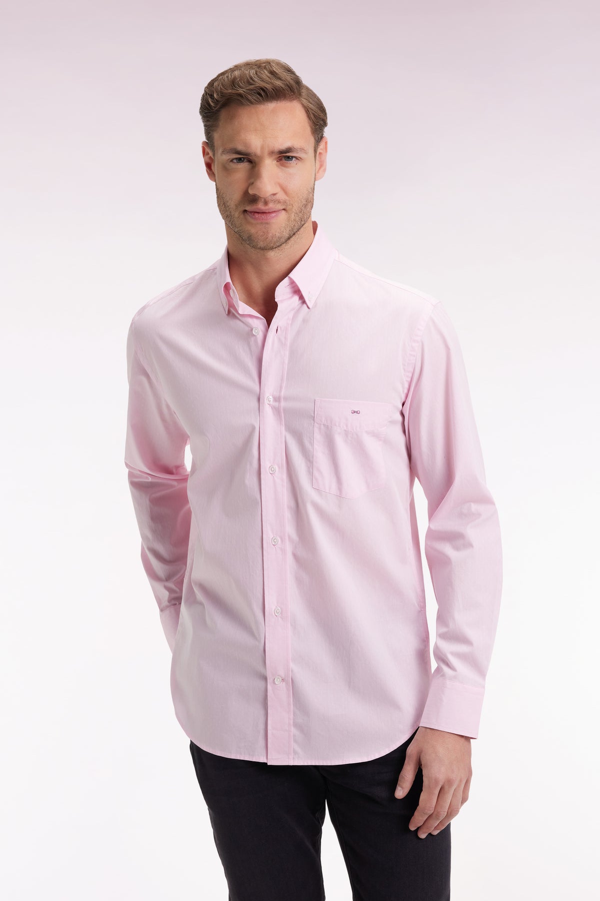 Eden Park Pink cotton shirt with straight cut jacquard micro-patterns