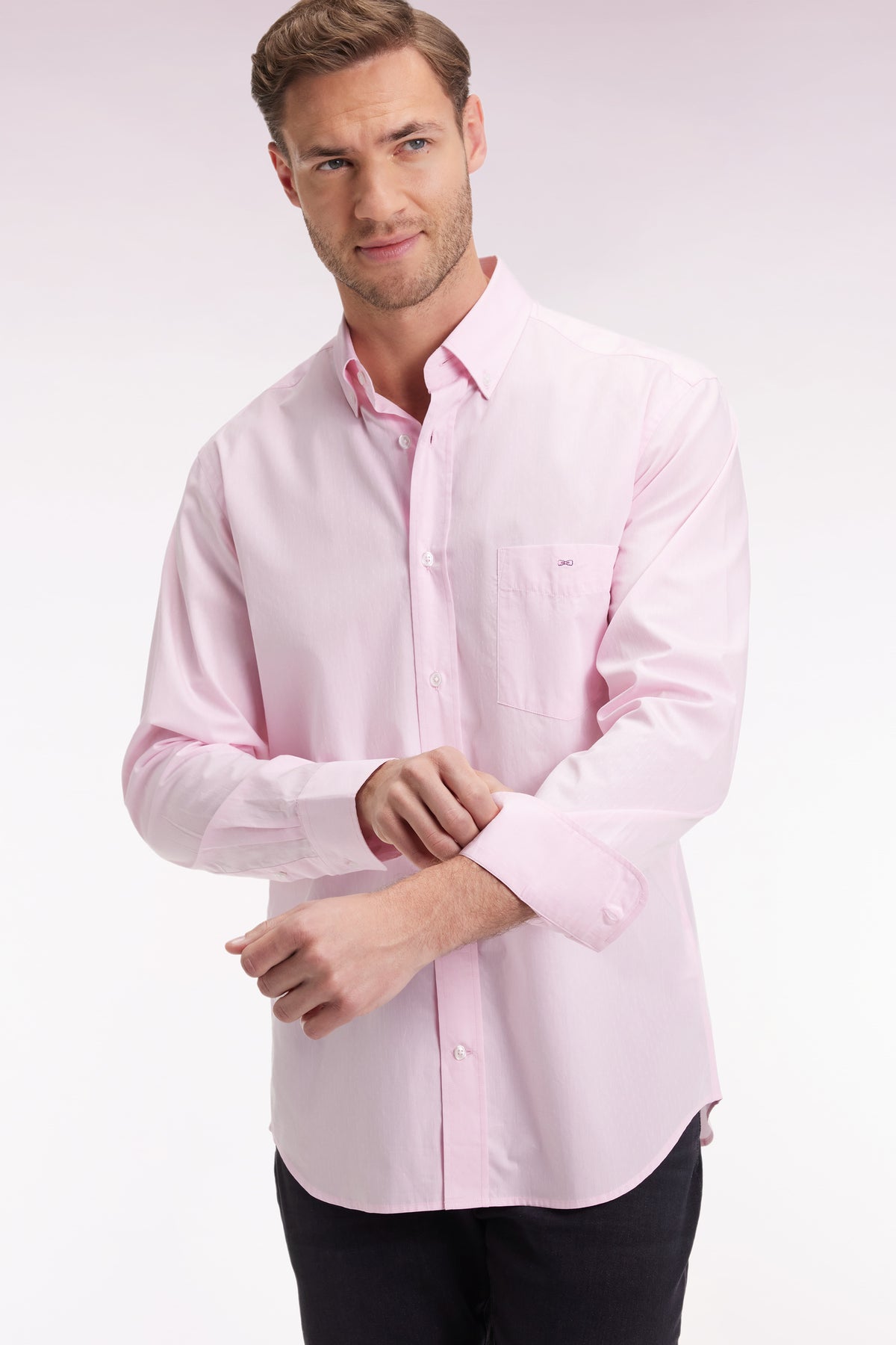 Eden Park Pink cotton shirt with straight cut jacquard micro-patterns