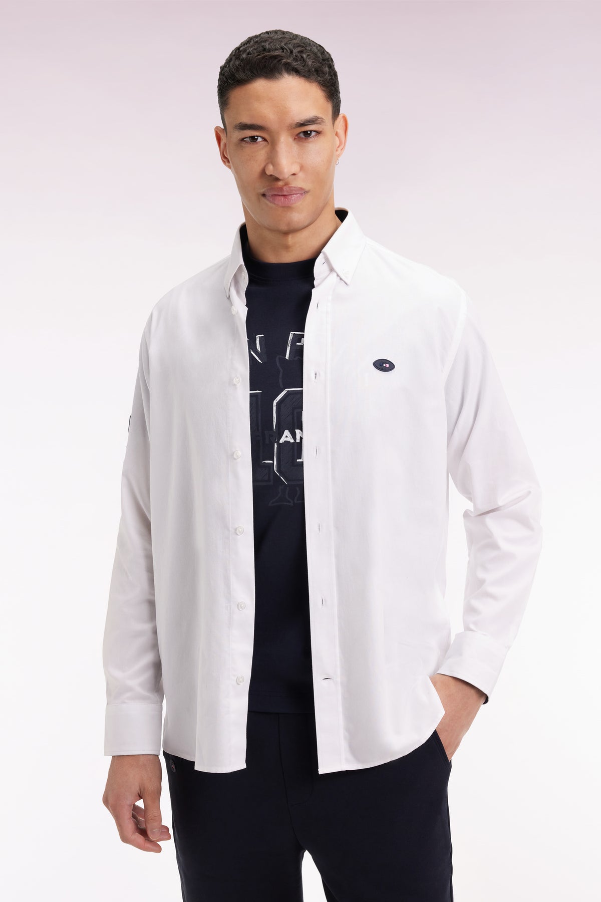 Eden Park White cotton shirt with XV de France embroidery straight cut