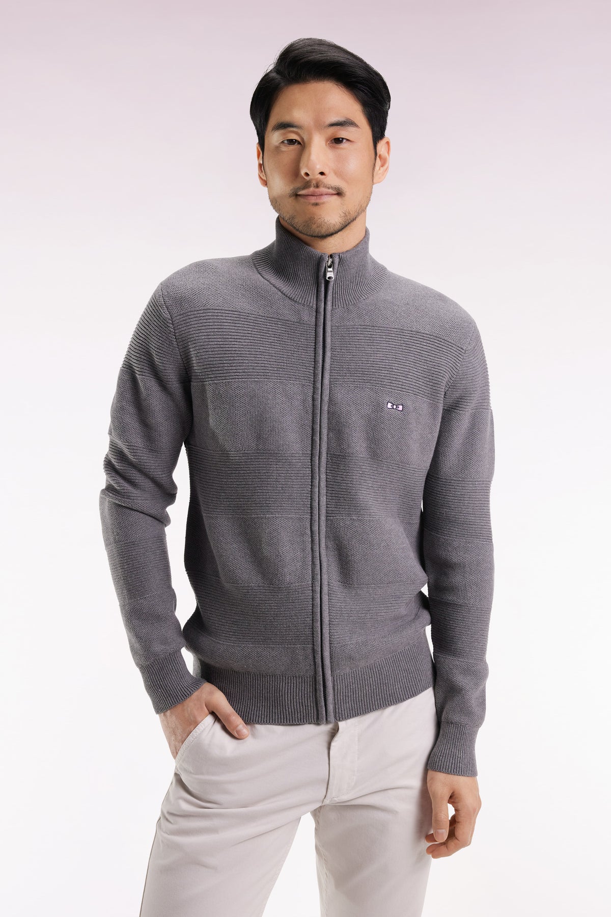 Eden Park Grey Honeycomb Zip-Up Cardigan with Straight Cut