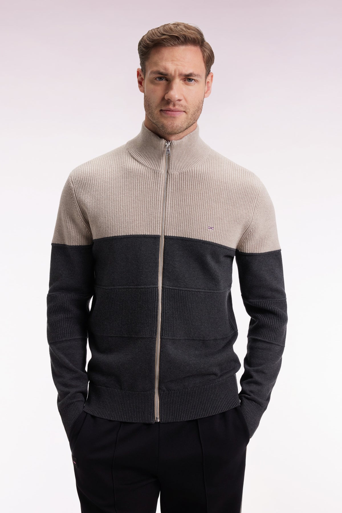 Eden Park Two-tone beige and grey zip-up cotton cardigan with a straight cut