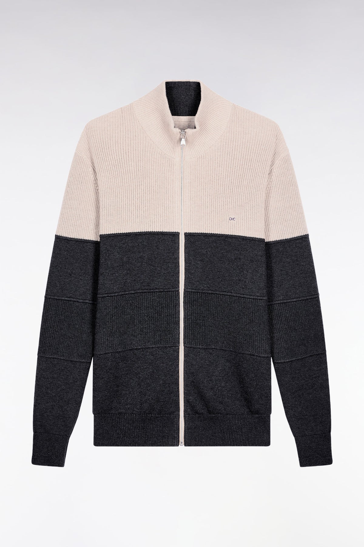 Eden Park Two-tone beige and grey zip-up cotton cardigan with a straight cut
