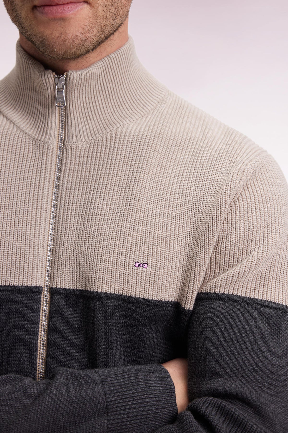 Eden Park Two-tone beige and grey zip-up cotton cardigan with a straight cut