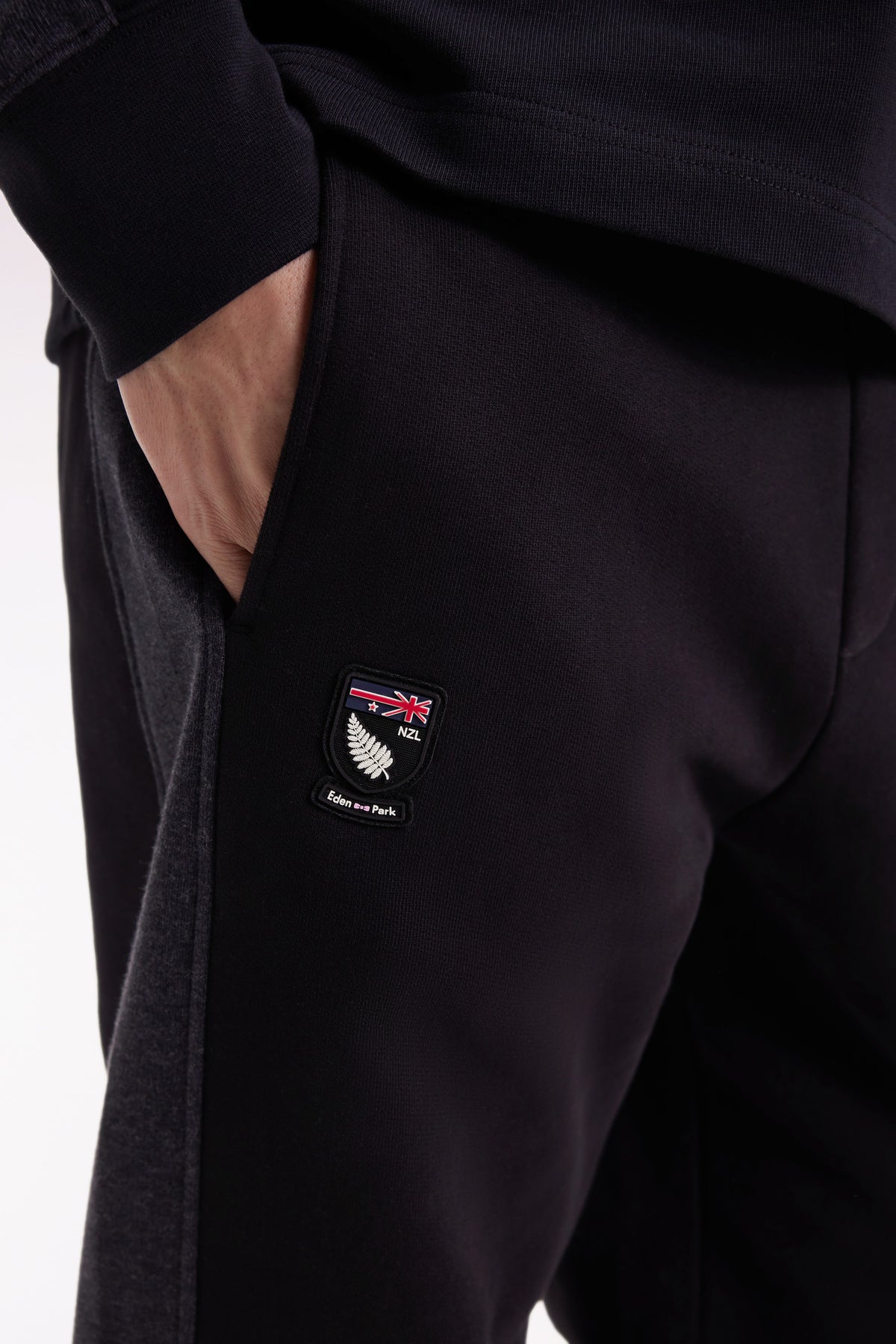 Eden Park Black brushed fleece joggers with striped pocket inserts in a relaxed fit