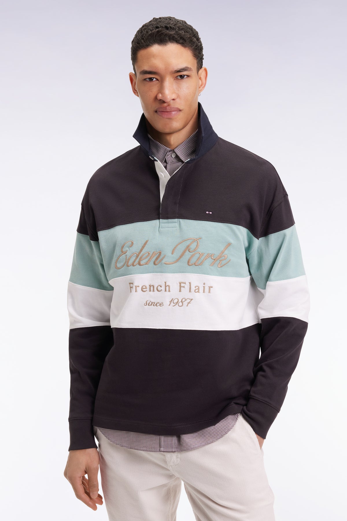 Eden Park Long sleeve jersey in thick black and green jersey with vintage embroidery