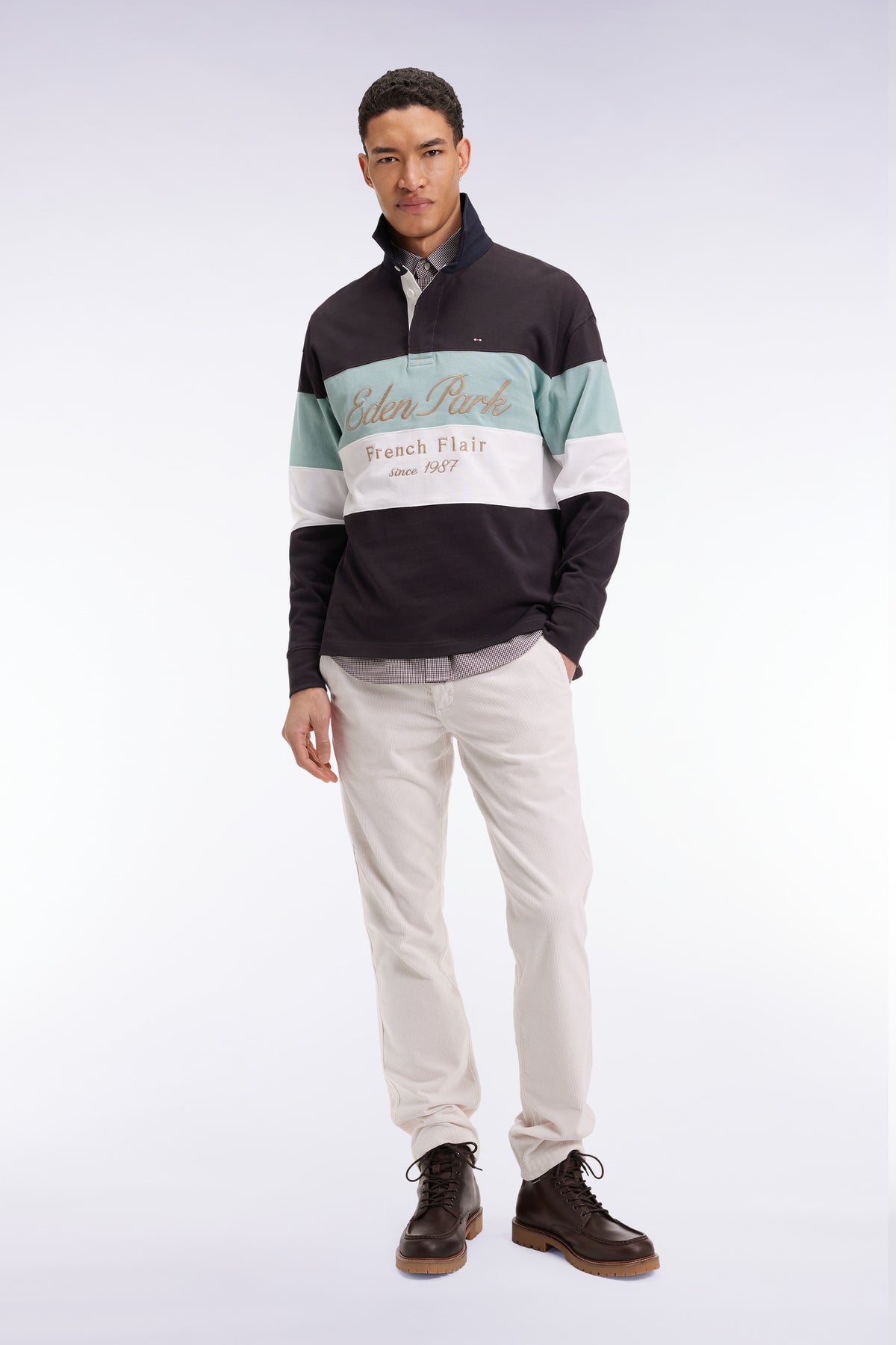 Eden Park Long sleeve jersey in thick black and green jersey with vintage embroidery