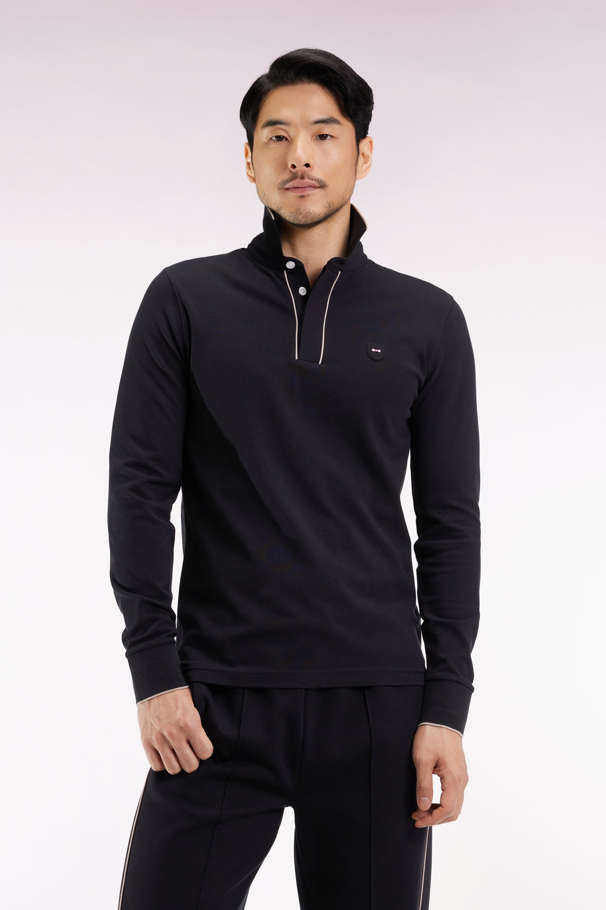 Eden Park Long-sleeved polo shirt in black stretch cotton with slim fit